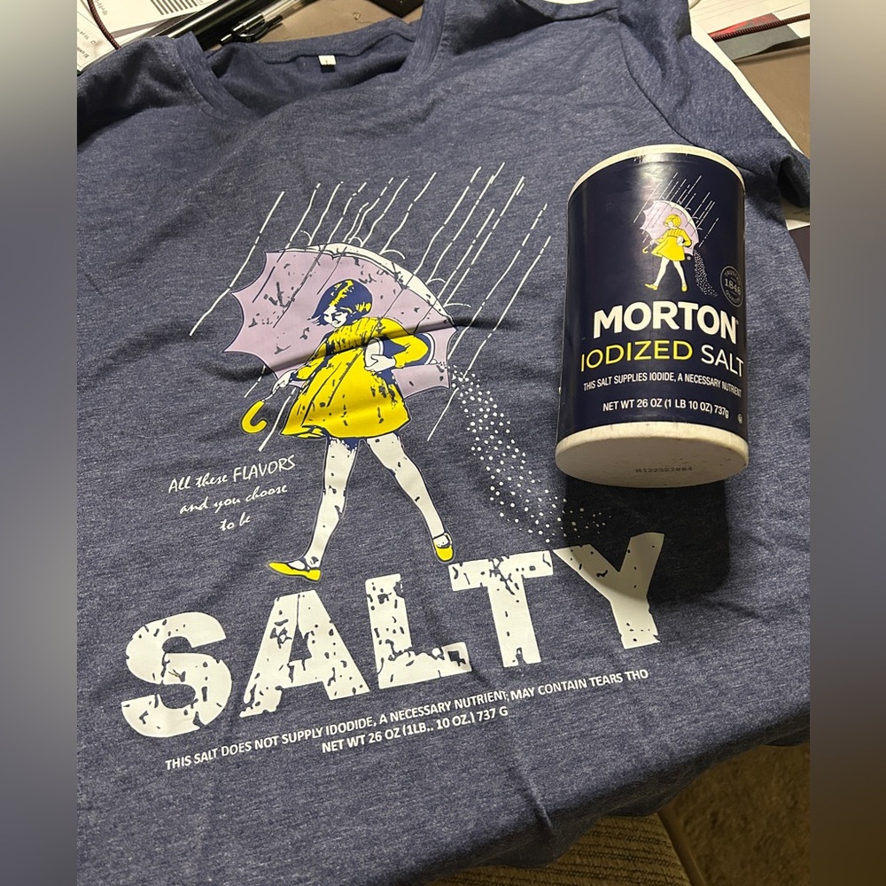 Blue Salty Graphic Tee with Yellow and White Design. Ladies Cotton,Poly,Spandex